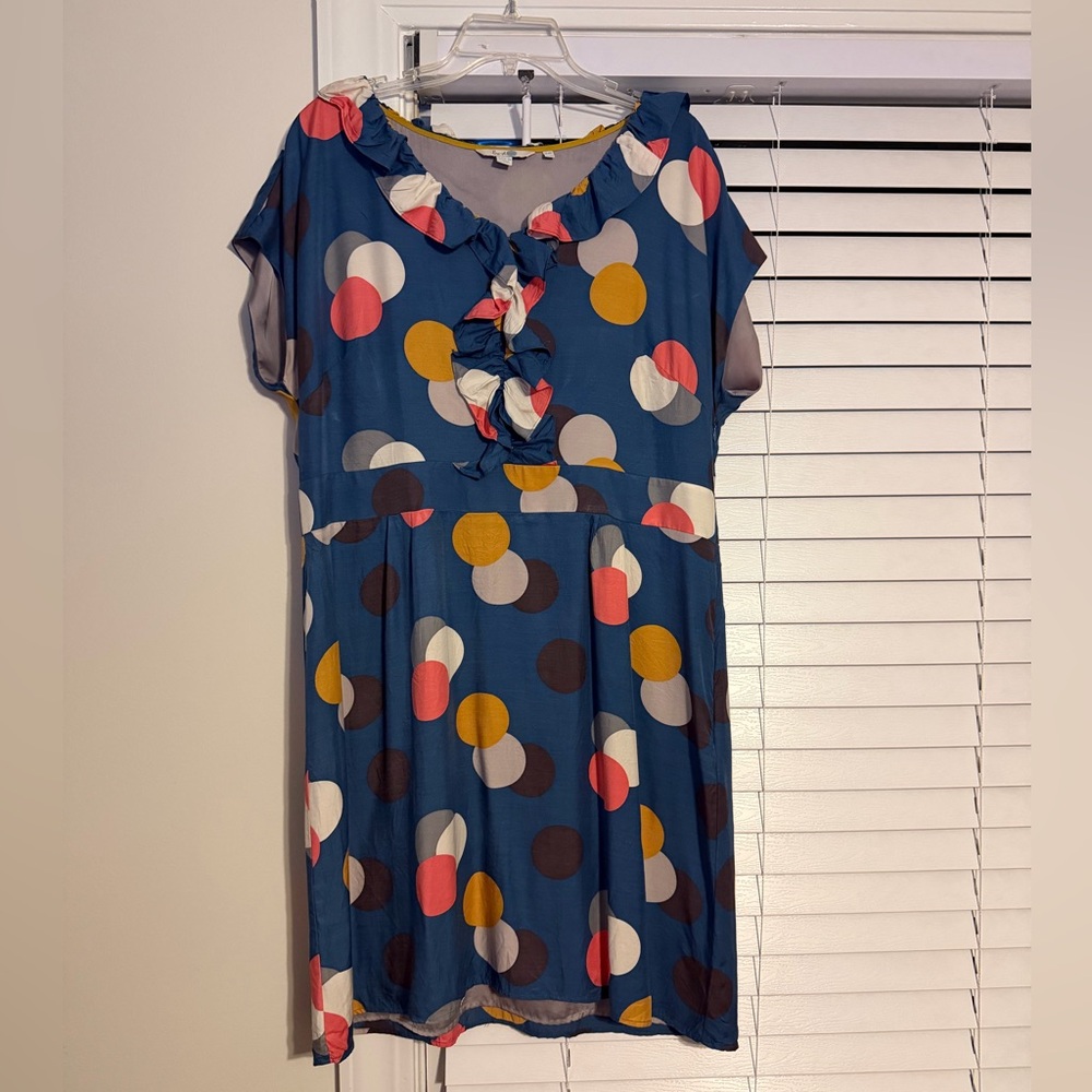 Boden Blue Polka Dot Ruffle Front Midi Dress 14R